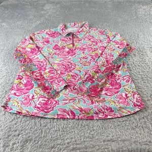 ICIKULS Women XL Floral Print Quarter Pullover Shirt Long Sleeve Turquoise Pink